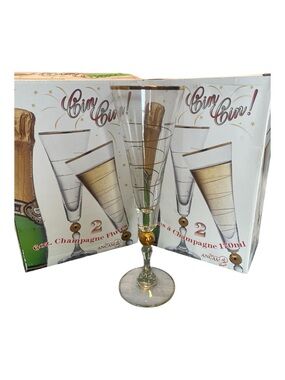 Set of 5 Tall Turkish Crystal Gold-Rim Champagne Flutes